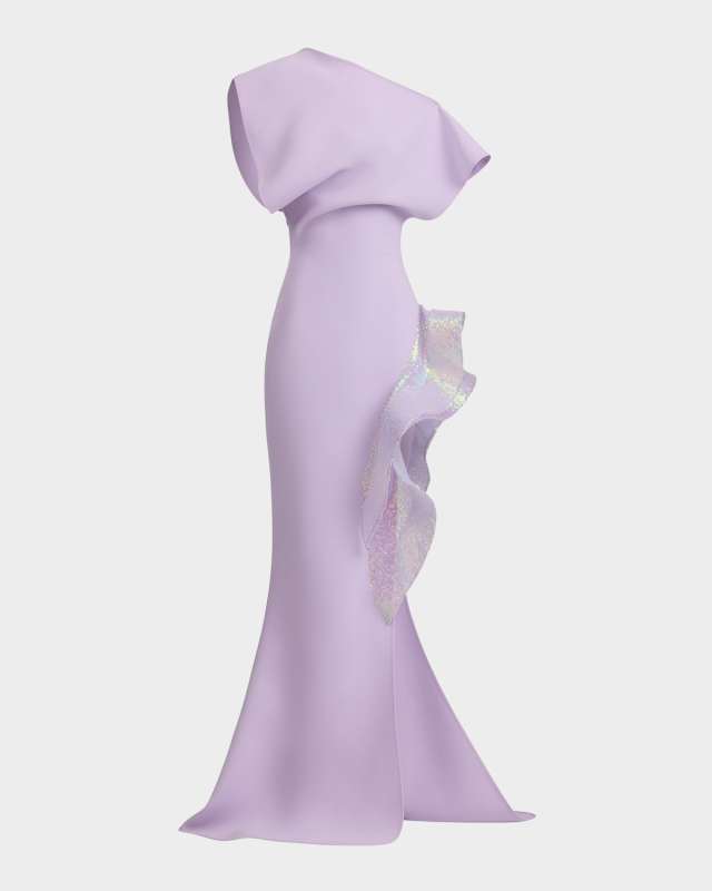 Wishing Sequined-Ruffle Slit One-Shoulder Gown